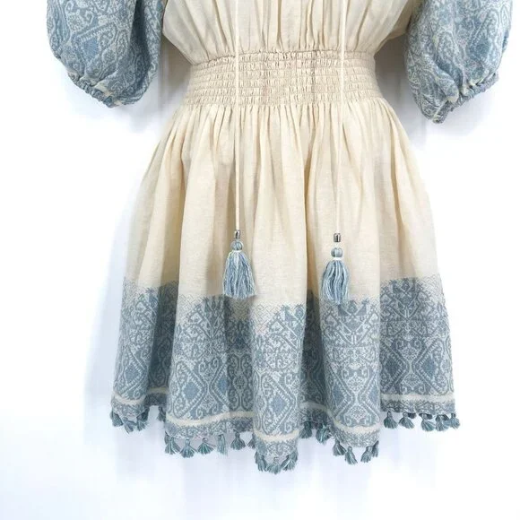 Zimmermann Helm Split Neck Jacquard Fringe Tassel Linen Lace Mini Dress - Picture 8 of 12